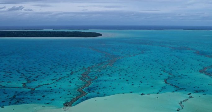Aerial view of coral reef lagoon in South Pacific
