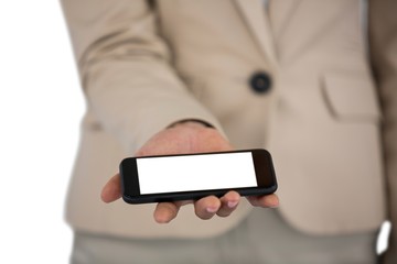 Mid section of Businesswoman holding mobile phone
