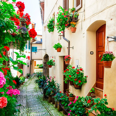 Fototapety  Urocze kwieciste uliczki średniowiecznej wioski Spello w Umbrii, Włochy
