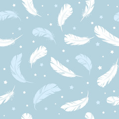 Fototapeta na wymiar Seamless pattern light air bird feathers floating on a blue background with stars
