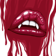 bright red lips glossy white teeth with sharp vampire fangs against the backdrop of blood stains