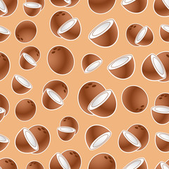 Brown coconut with white stroke seamless pattern on beige backgr