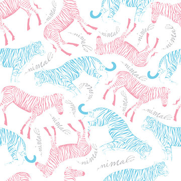 seamless pattern of tiger and zebra on white background with animals inscription