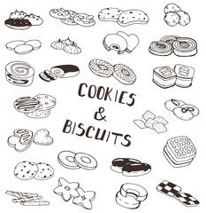 Hand-drawn collection of the different cookies and biscuits desserts. Line art set of the food icons. - obrazy, fototapety, plakaty