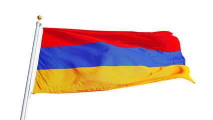 Fototapeta na wymiar Armenia flag waving on white background, close up, isolated with clipping path mask alpha channel transparency