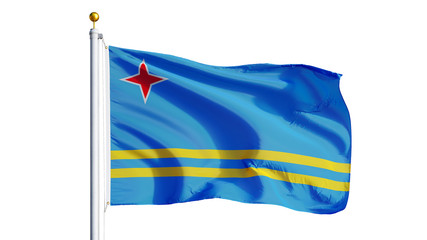 Aruba flag waving on white background, close up, isolated with clipping path mask alpha channel transparency