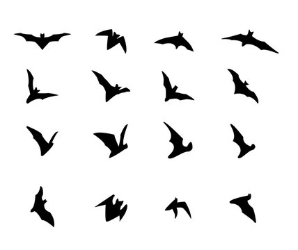 Set of flying bat silhouette icons, vector