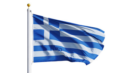 Obraz premium Greece flag waving on white background, close up, isolated with clipping path mask alpha channel transparency
