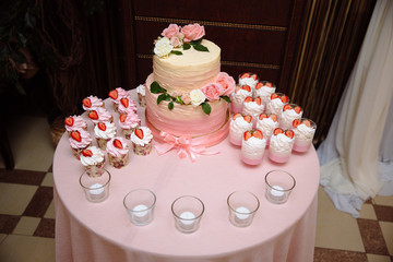 Candy bar. Table with sweets, candies, dessert