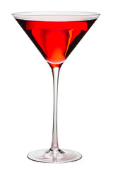Red cosmopolitan drink cocktail in martini glass isolated on white background
