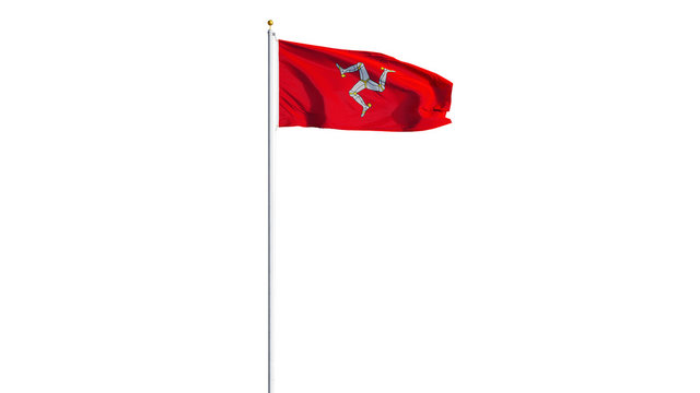 Isle of Man flag waving on white background, long shot, isolated with clipping path mask alpha channel transparency