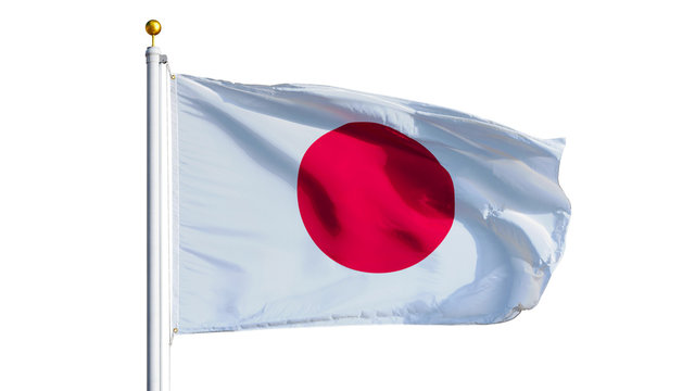 Japan flag waving on white background, close up, isolated with clipping path mask alpha channel transparency