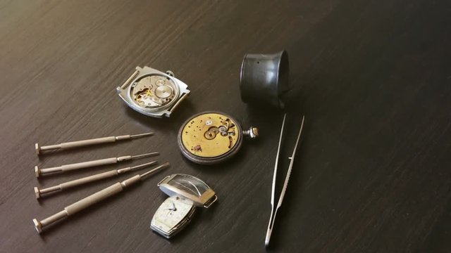 Repair of old mechanical watch, watch screwdriver and an eye loupe