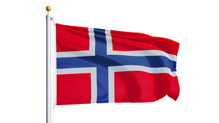 Norway flag waving on white background, close up, isolated with clipping path mask alpha channel transparency