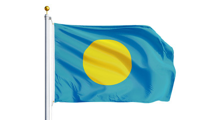 Palau flag waving on white background, close up, isolated with clipping path mask alpha channel...