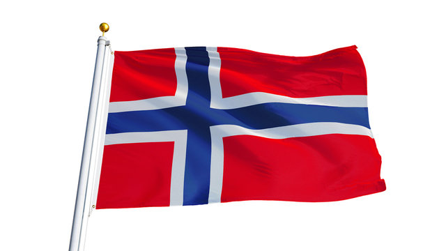 Norway flag waving on white background, close up, isolated with clipping path mask alpha channel transparency
