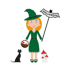 Vector halloween witch. Vector illustration bat, cat, letters, girl