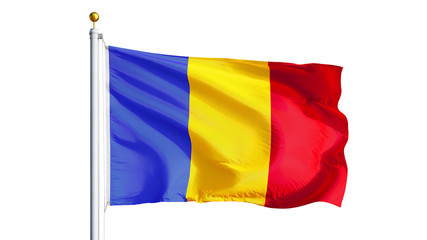 Romania flag waving on white background, close up, isolated with clipping path mask alpha channel transparency