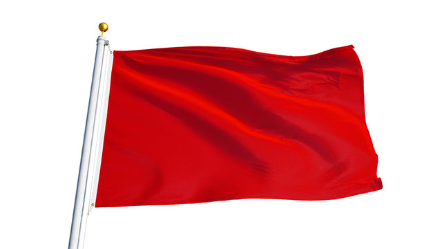 Red flag waving on white background, close up, isolated with clipping path mask alpha channel transparency