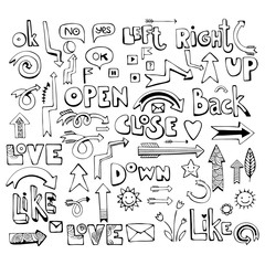 Set of isolated hand drawn arrows. Monochrome vector illustration.