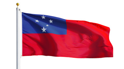 Naklejka premium Samoa flag waving on white background, close up, isolated with clipping path mask alpha channel transparency