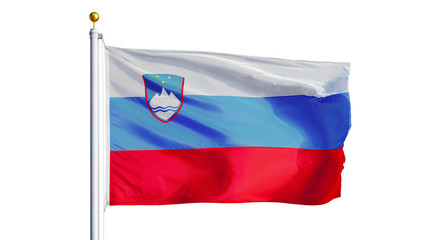 Slovenia flag waving on white background, long shot, isolated with clipping path mask alpha channel transparency