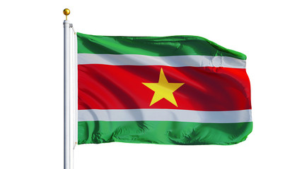 Suriname flag waving on white background, close up, isolated with clipping path mask alpha channel transparency