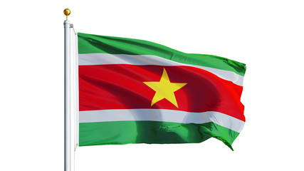 Suriname flag waving on white background, close up, isolated with clipping path mask alpha channel...