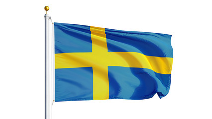 Sweden flag waving on white background, close up, isolated with clipping path mask alpha channel transparency