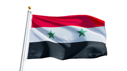 Fototapeta na wymiar Syria flag waving on white background, close up, isolated with clipping path mask alpha channel transparency