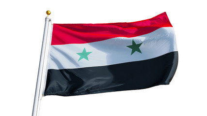 Fototapeta na wymiar Syria flag waving on white background, close up, isolated with clipping path mask alpha channel transparency