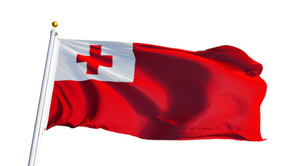 Tonga flag waving on white background, close up, isolated with clipping path mask alpha channel transparency