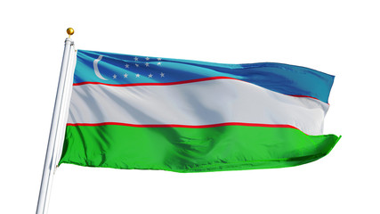 Uzbekistan flag waving on white background, close up, isolated with clipping path mask alpha channel transparency