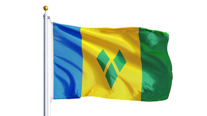 Vincent and the Grenadines flag waving on white background, close up, isolated with clipping path mask alpha channel transparency