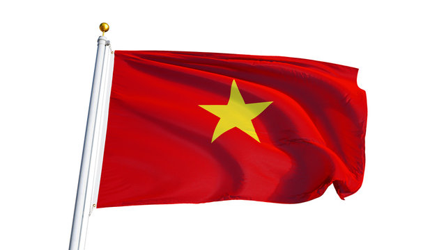Vietnam flag waving on white background, close up, isolated with clipping path mask alpha channel transparency