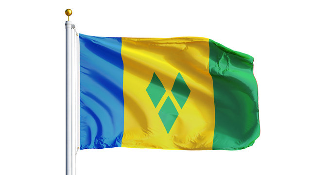 Vincent and the Grenadines flag waving on white background, close up, isolated with clipping path mask alpha channel transparency