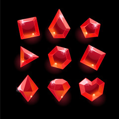 Set of cartoon red different shapes crystals