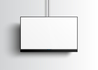 Flat Smart TV Mockup with blank white screen hanging on the tube, soundbar, flat screen lcd, realistic, vector illustration