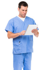 Doctor in scrubs on white