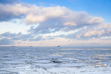 Winter coastal landscape with ice on Sea