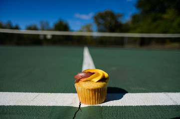 Frosted Cupcake on Tennis Court Lines with Sky Background