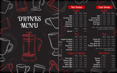 Drinks cafe menu brochure template with white hand drawn cups on