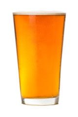 Pint glass of amber ale lager pilsner craft beer with minimum foam head isolated on white background