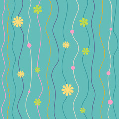 Abstract waved lines with flowers vector seamless pattern