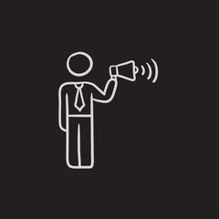 Businessman with megaphone sketch icon.