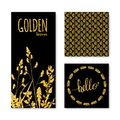 Set of glitter golden leaves banner, frame and background. Vector illustration for your design