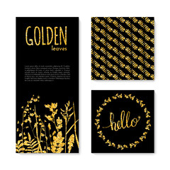 Obraz na płótnie Canvas Set of glitter golden leaves banner, frame and background. Vector illustration for your design