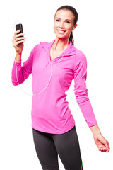 Fit young woman with mobile phone on White