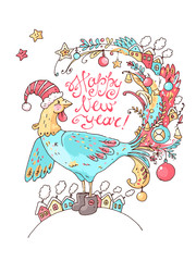 New Year vector card with the cute rooster  the decorations 