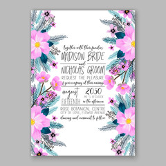 Wedding invitation template with watercolor winter  flower christmas wreath pine branch
